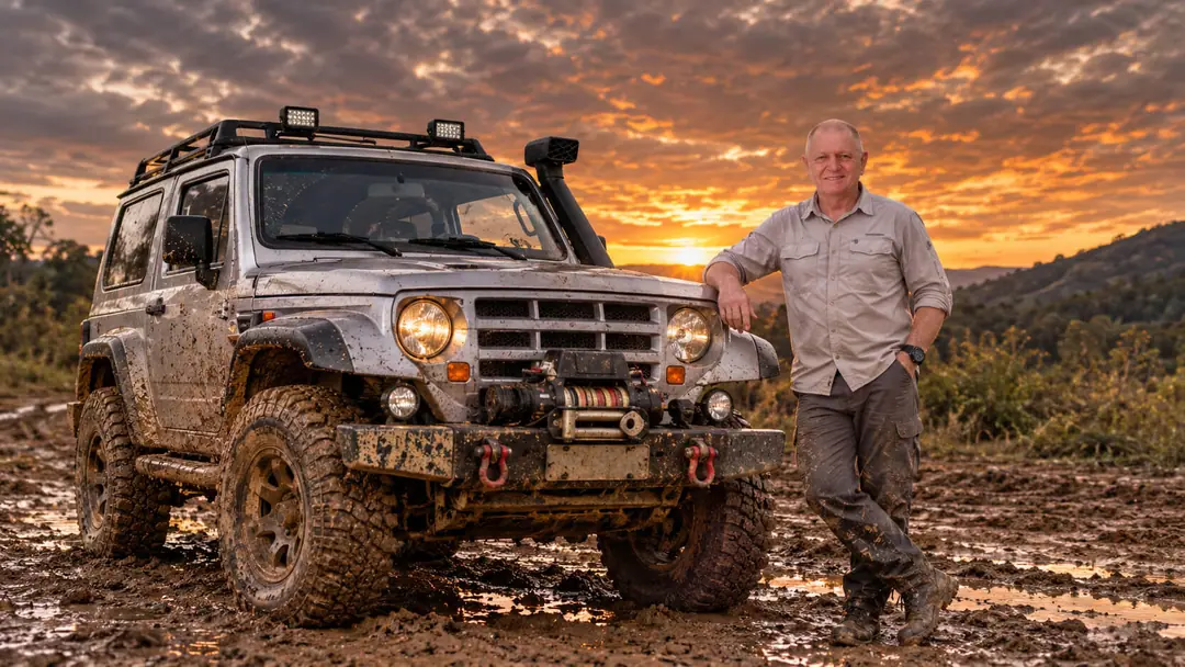 4x4 prata enlameado em trilha ao pôr do sol, com um homem encostado ao lado