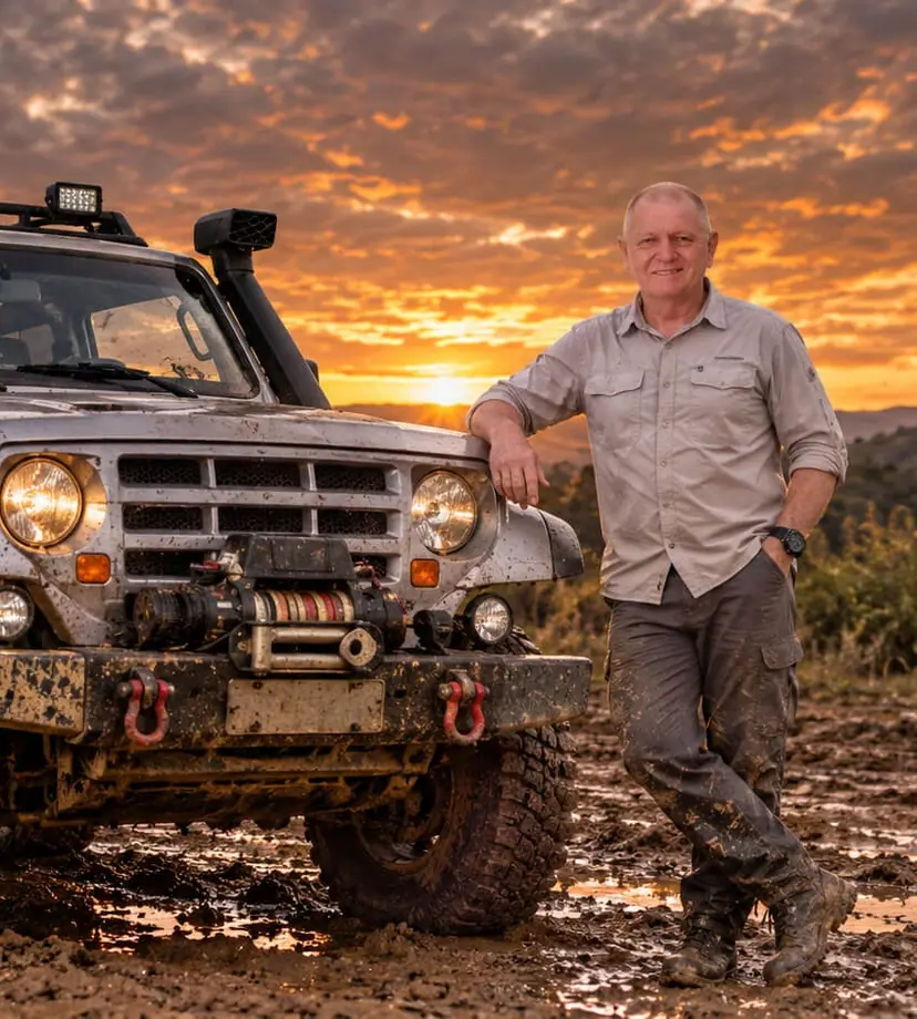 4x4 prata enlameado em trilha ao pôr do sol, com um homem encostado ao lado