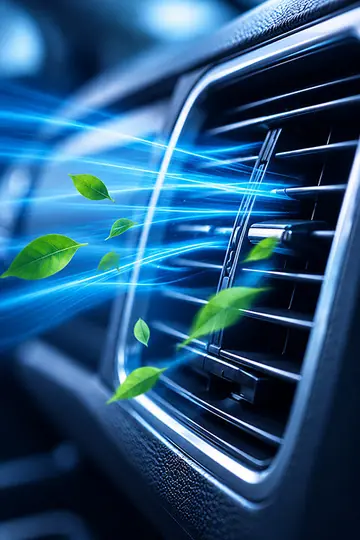 Saída de ar do painel com folhas verdes no fluxo de ar