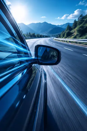 Carro na estrada com o vento passando pelo retrovisor